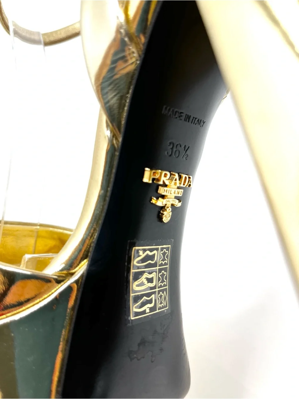 Prada Gold Metallic Leather Triangle Logo Strappy Platform Sandals Heels 36.5